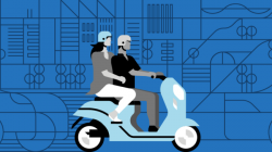 a man and woman riding a scooter