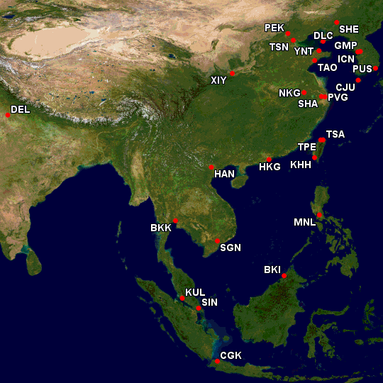 JAL Asia Destinations. Map generated by the Great Circle Mapper - Copyright © Karl L. Swartz