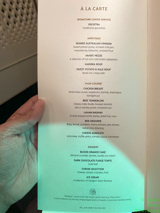 Etihad B787-9 First Class - lunch menu