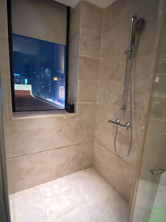 a shower with a window and a city view