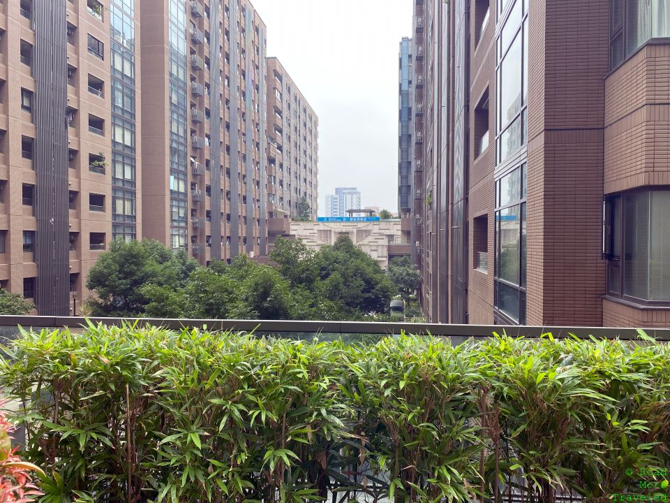 a green bushes next to a group of tall buildings