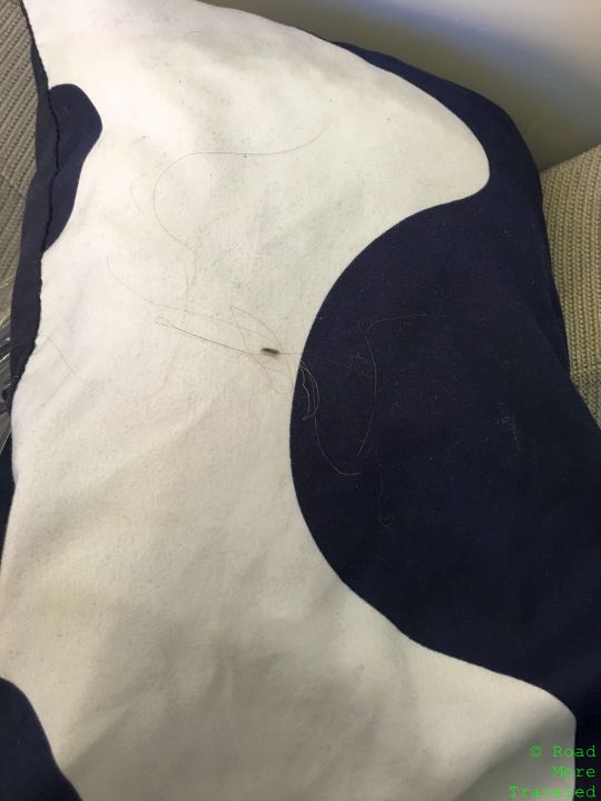 a black and white pillow with hair on it