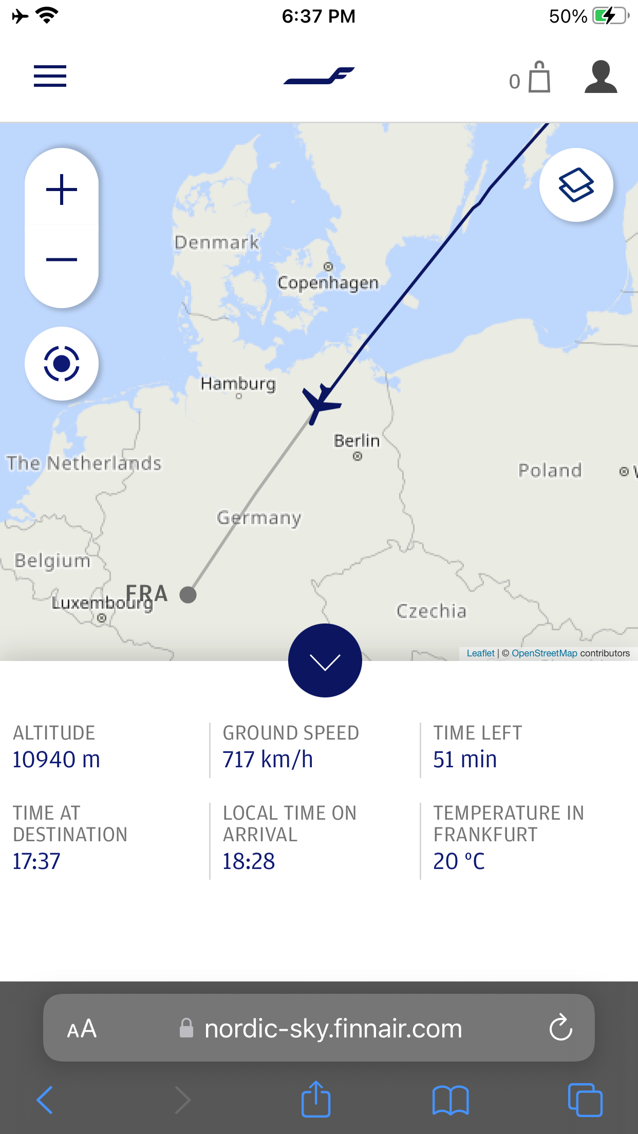 Finnair A319 Business Class - flight map