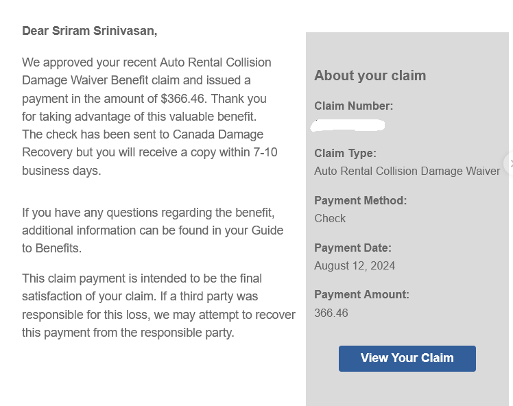 Capital One Venture X Rental Car Insurance - claims payment confirmation