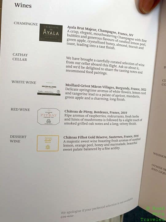 Cathay Pacific A350-1000 Business Class wine list