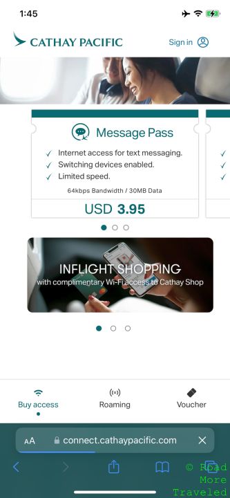 Cathay Pacific A350-1000 Business Class WiFi messaging pass