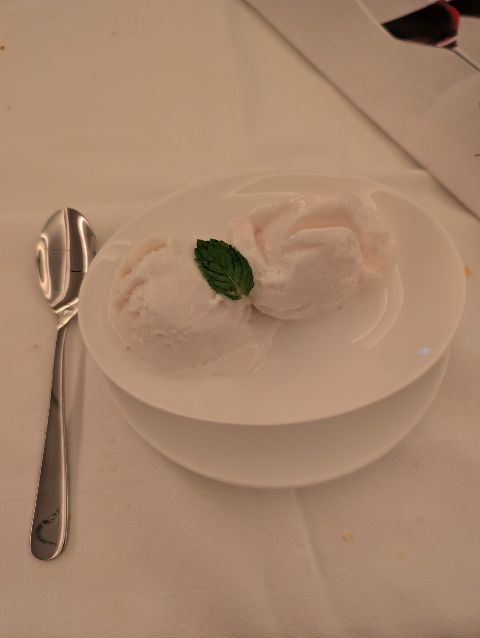 a bowl of ice cream with a leaf on it